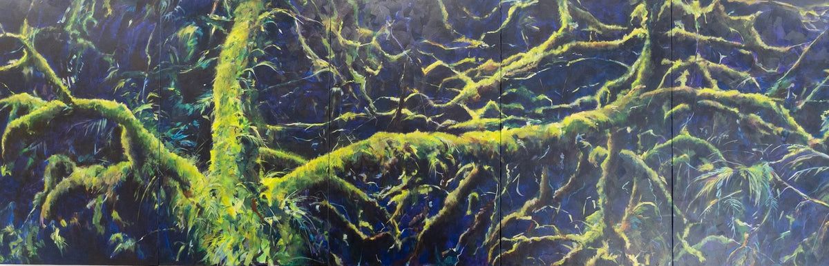 Old Growth Multnomah Falls, Pigments on canvas, 51" x 160" (130 x 406 cm), by Tom Relth