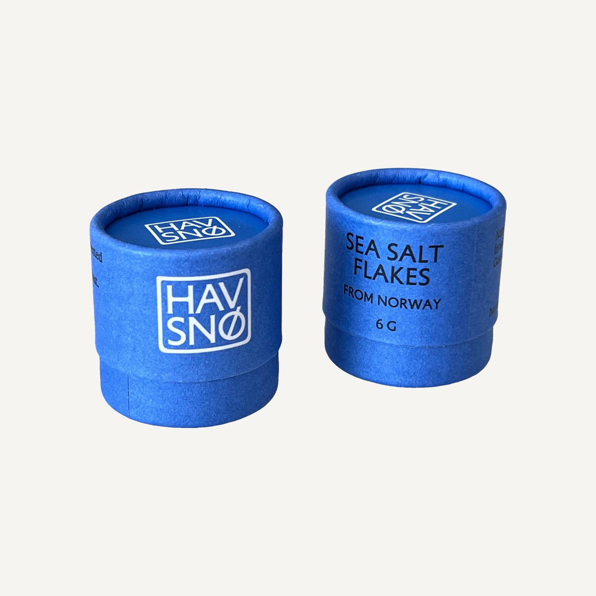 Two blue Havsnø sea salt flake tins